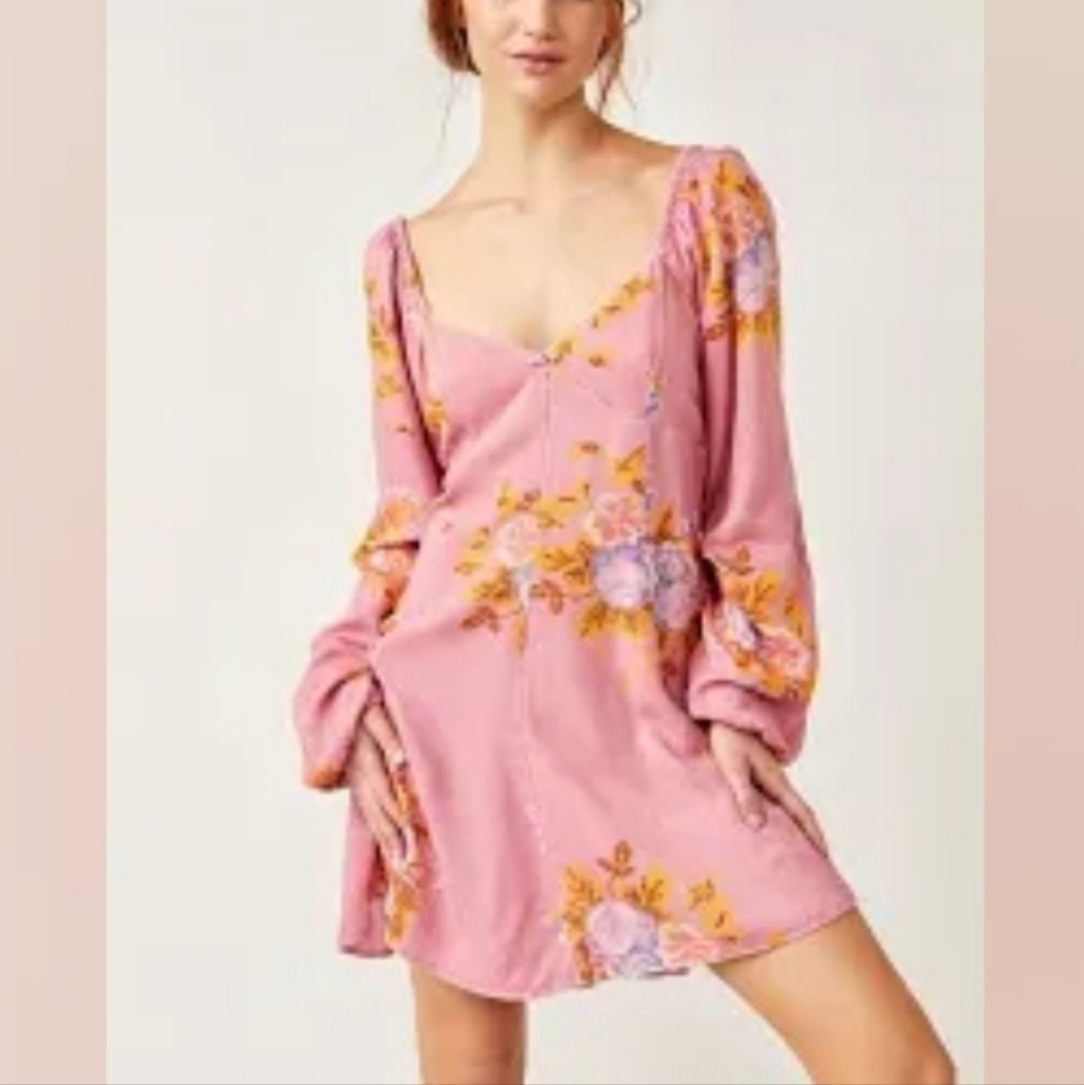 Free People Pink Floral Long Sleeve Mini Dress
